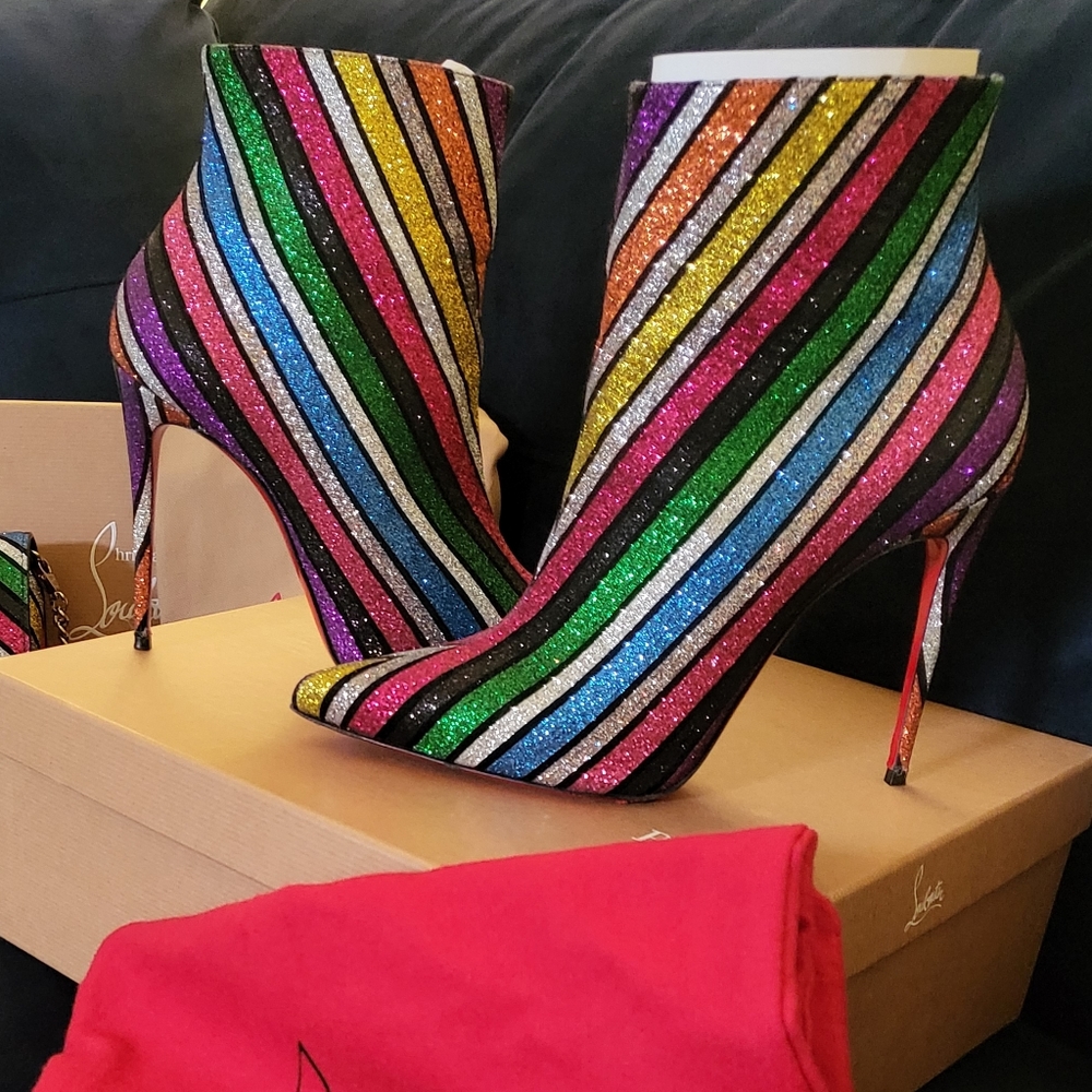 Christian Louboutin So Kate 100mm Suede Stripy Glitter Booty Sz 39